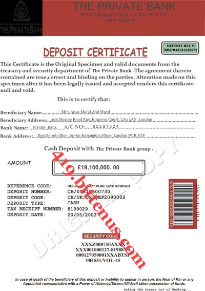 CERTIFICATE OF DEPOSIT PRIVATE BANK